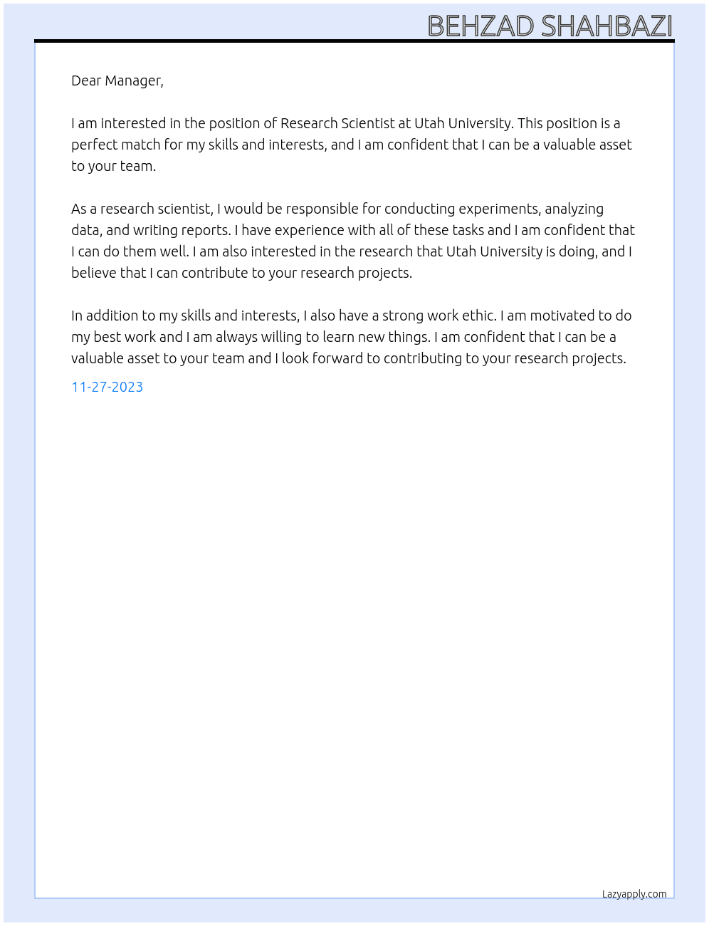 Research Scintist At Utah University Cover Letter