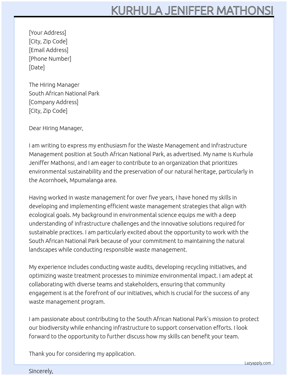 Waste management and infrastructure management  At South African National Park  Cover Letter