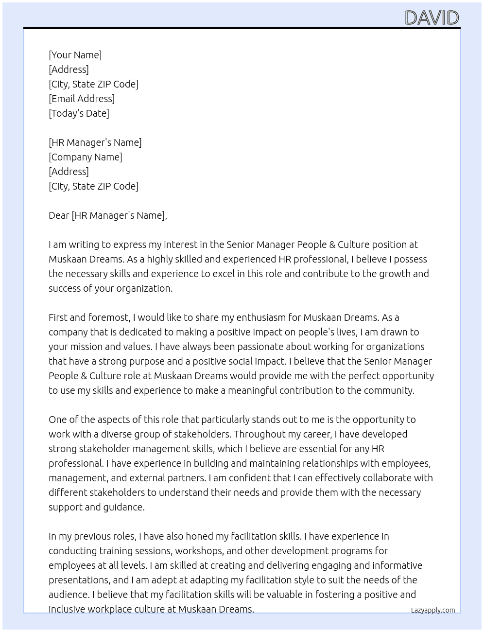 Senior Manager People & Culture At Muskaan Dreams Cover Letter