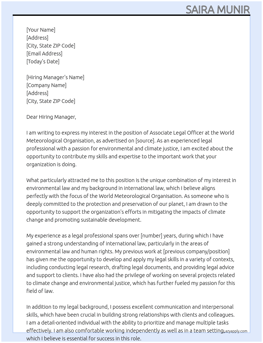 Associate Legal Officer At World Meteorological Organisation Cover Letter