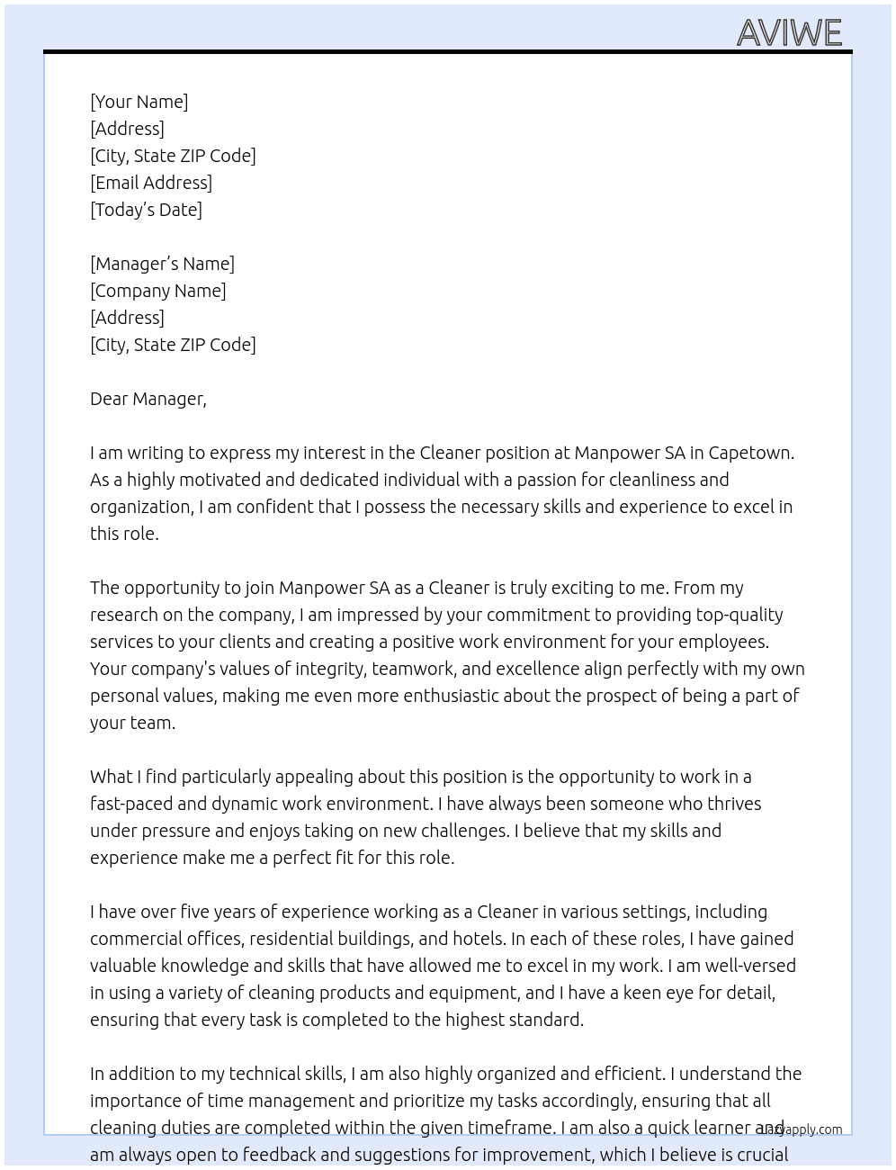 Cleaner At Manpower SA Cover Letter
