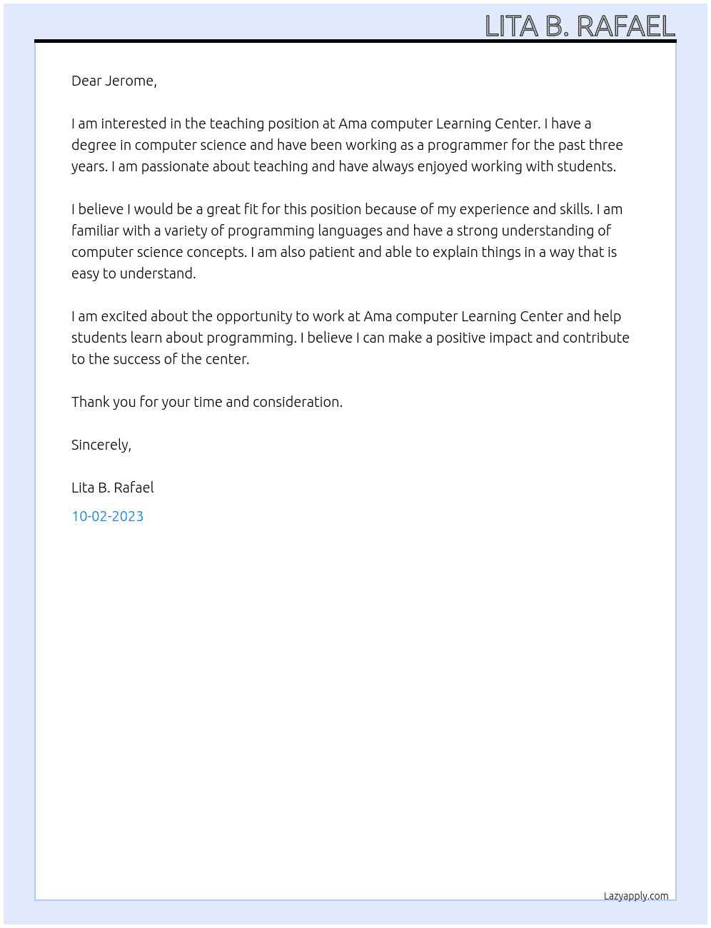 Teaching position At Ama computer Learning Center Cover Letter