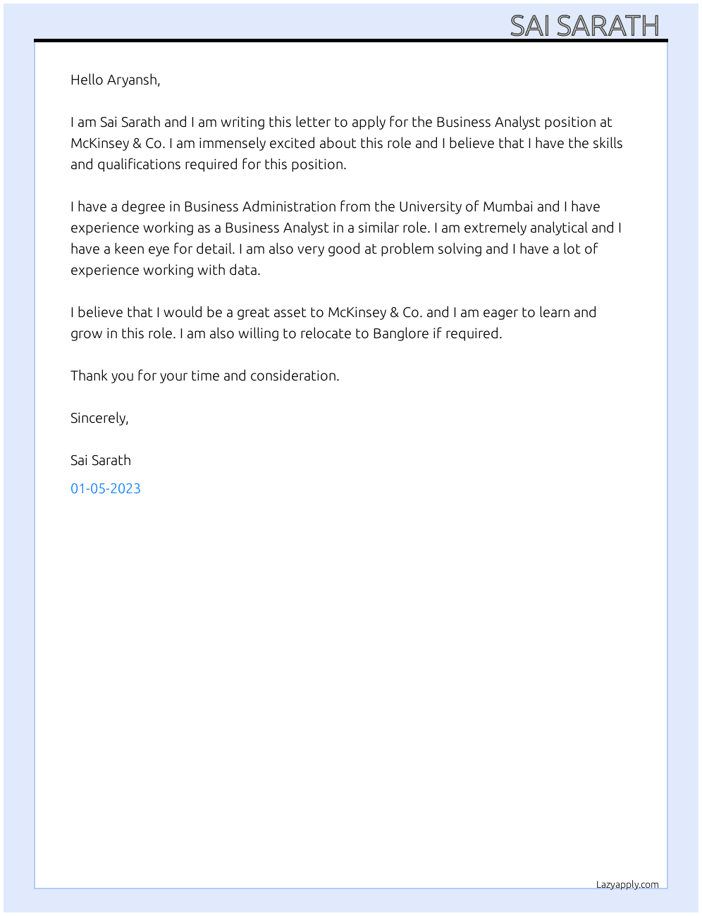 Business Analyst At McKinsey & Co. Cover Letter