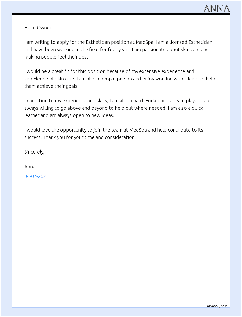 Esthetician At MedSpa Cover Letter