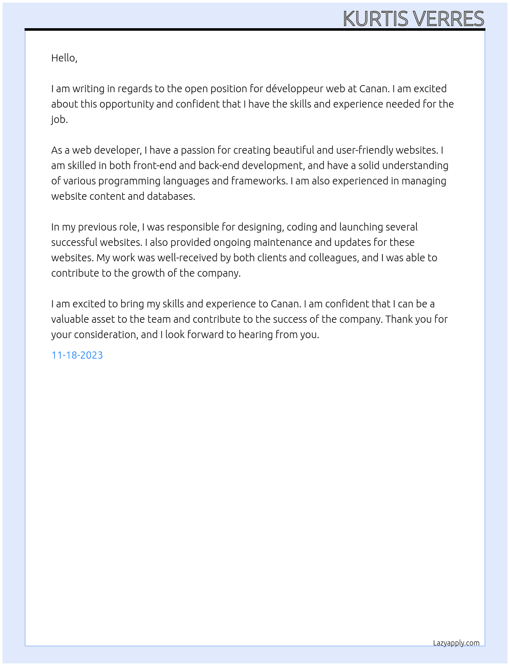 développeur web At canan Cover Letter