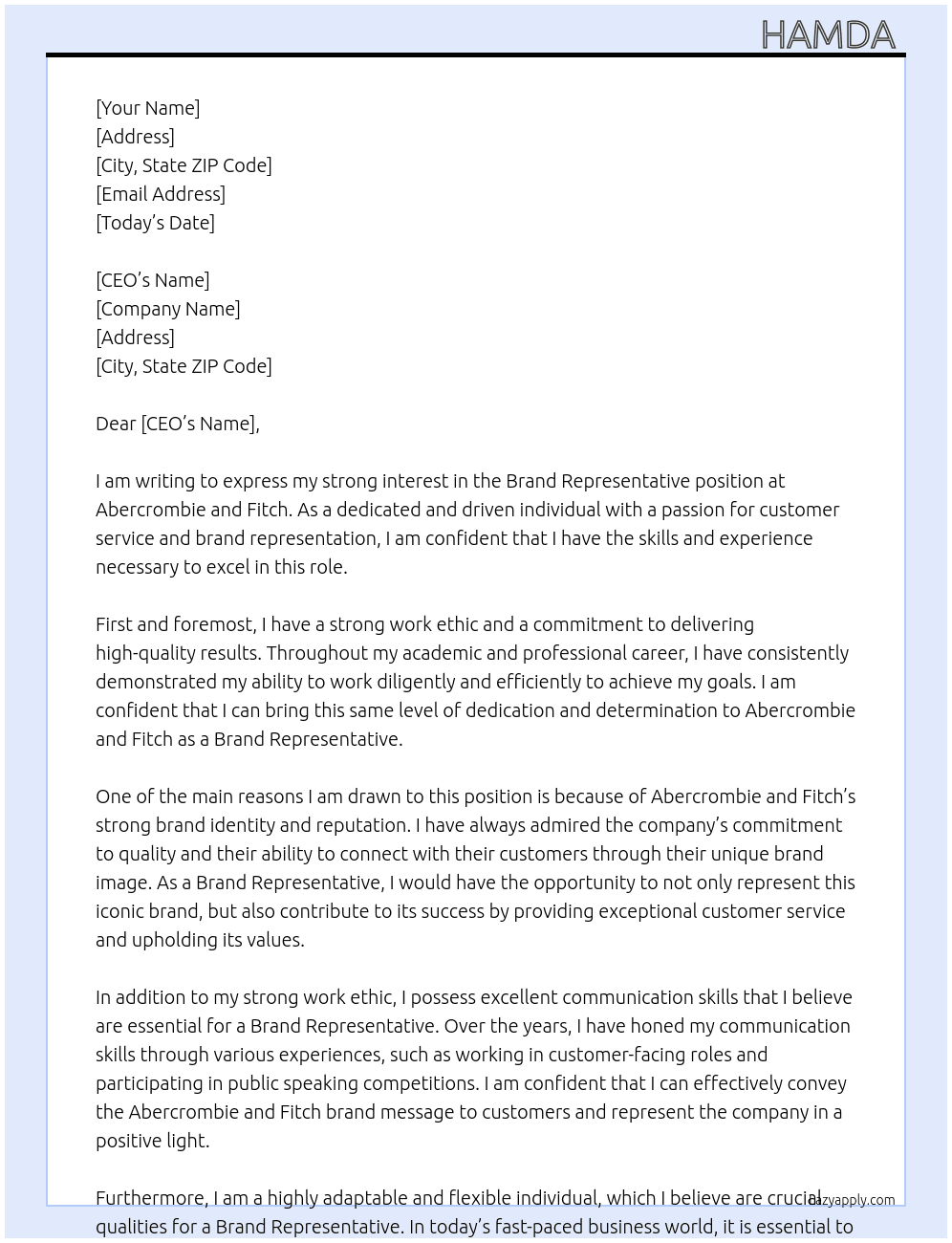 Brand representative  At Abercrombie and fitch Cover Letter