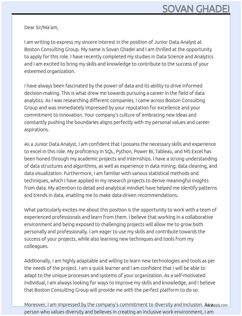 Junior Data Analyst At Boston Consulting Group Cover Letter