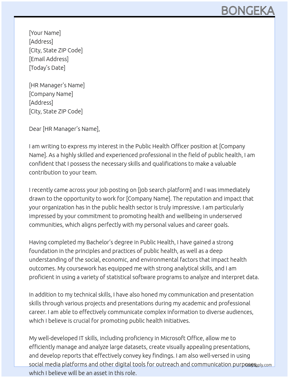 Public health officer At Unknown Cover Letter