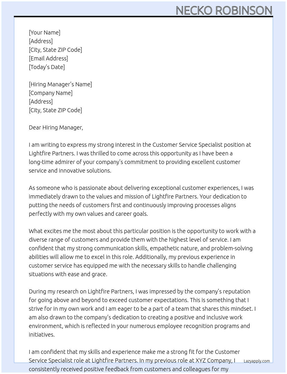 Customer service specialist At Lightfire Partners Cover Letter