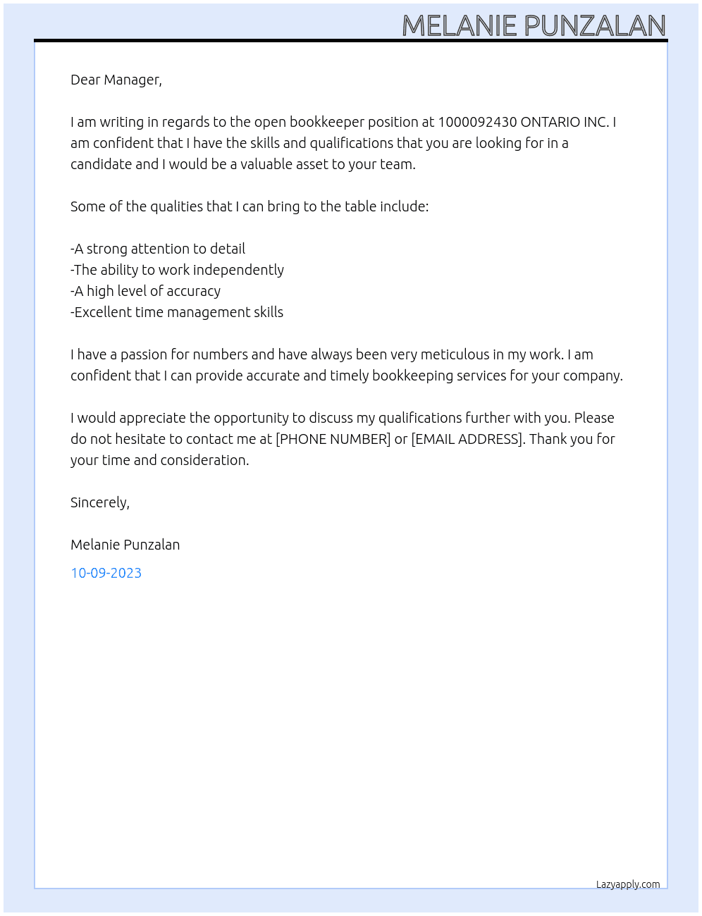 Bookkeeper At 1000092430 ONTARIO INC Cover Letter