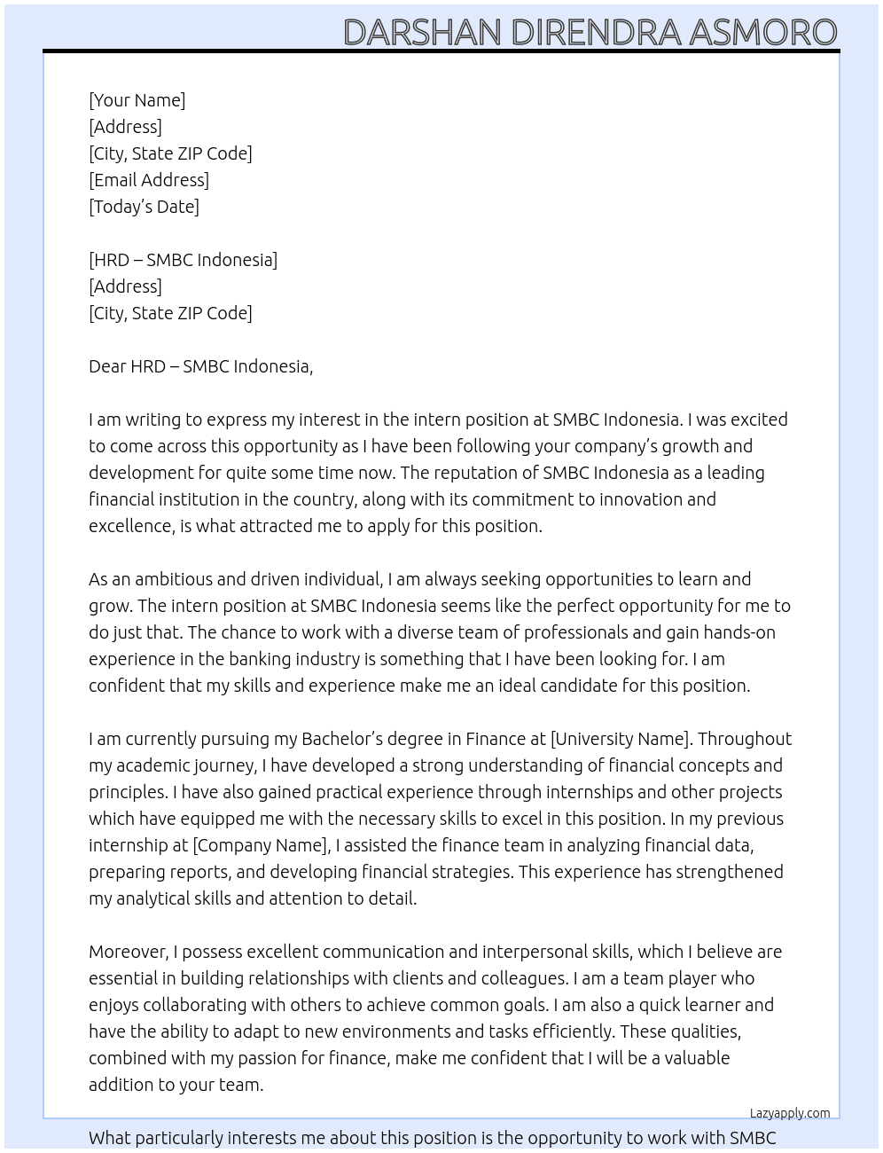 intern At SMBC Indonesia Cover Letter