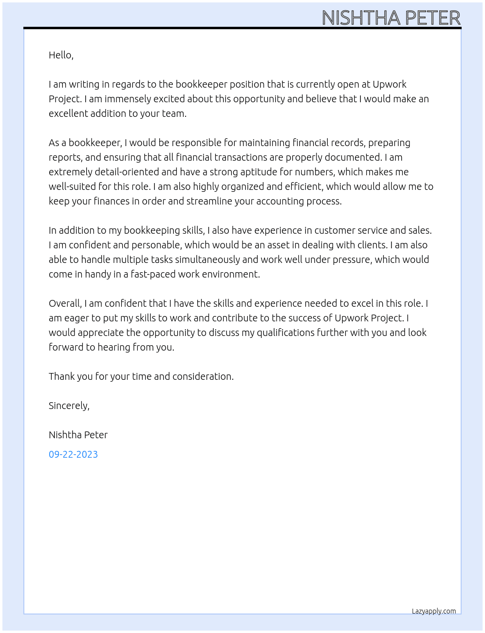 Bookkeeper At Upwork Project Cover Letter