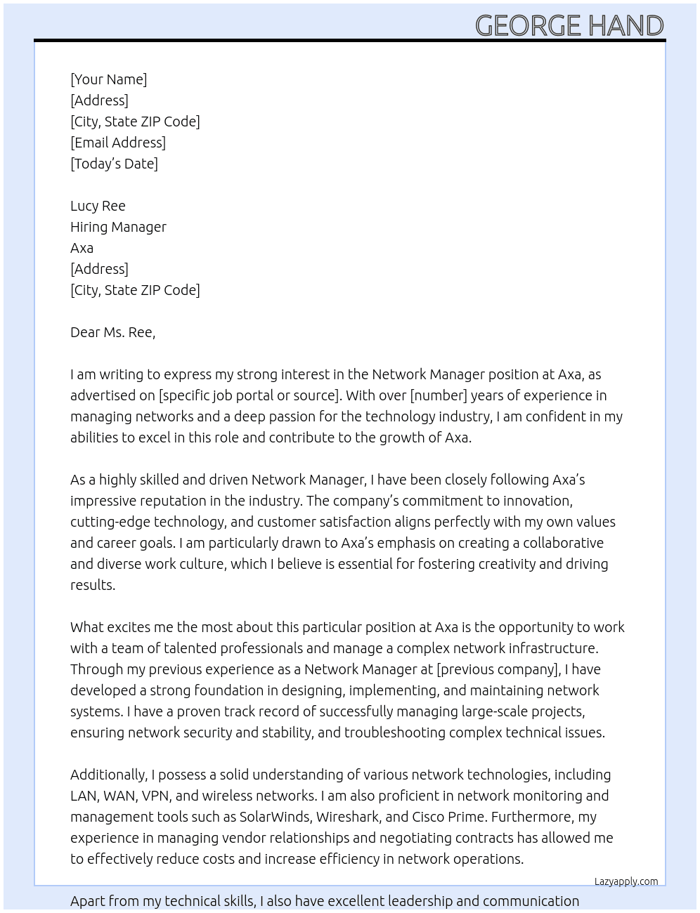 Network Manager At Axa Cover Letter
