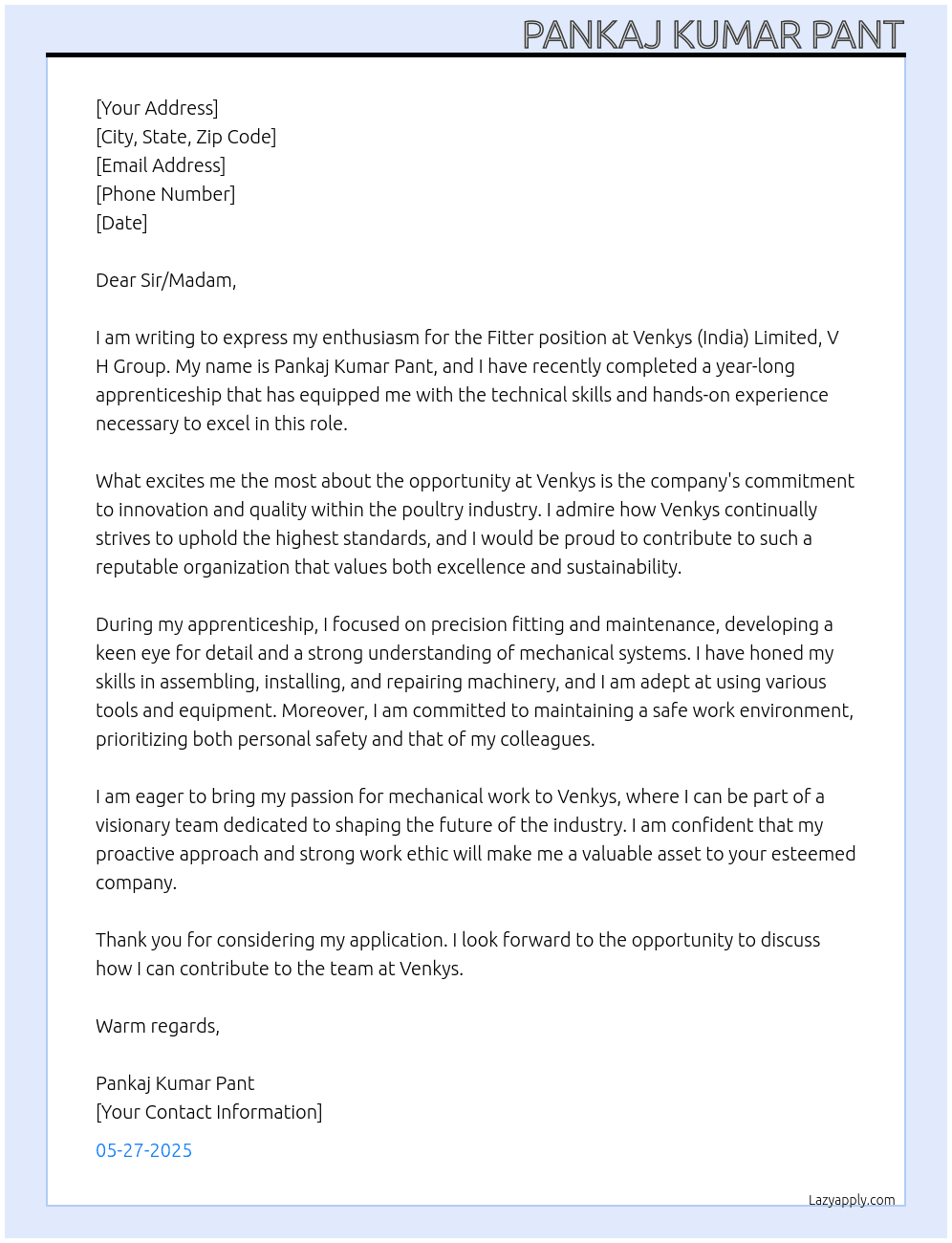 Fitter At Venkys (India) Limited.V H Group Cover Letter