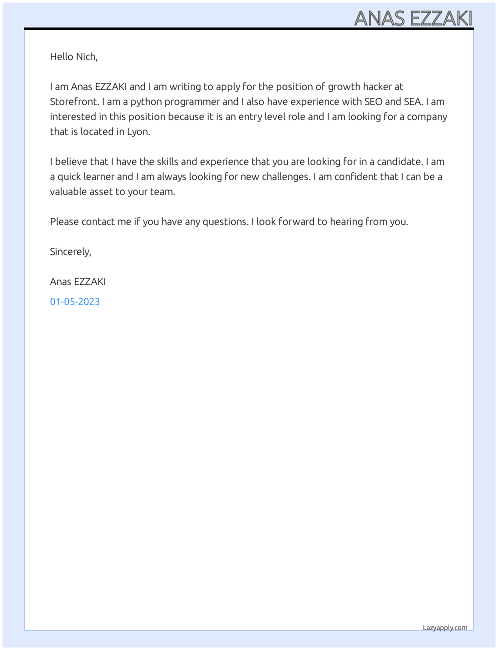 growth hacker At Storefront Cover Letter