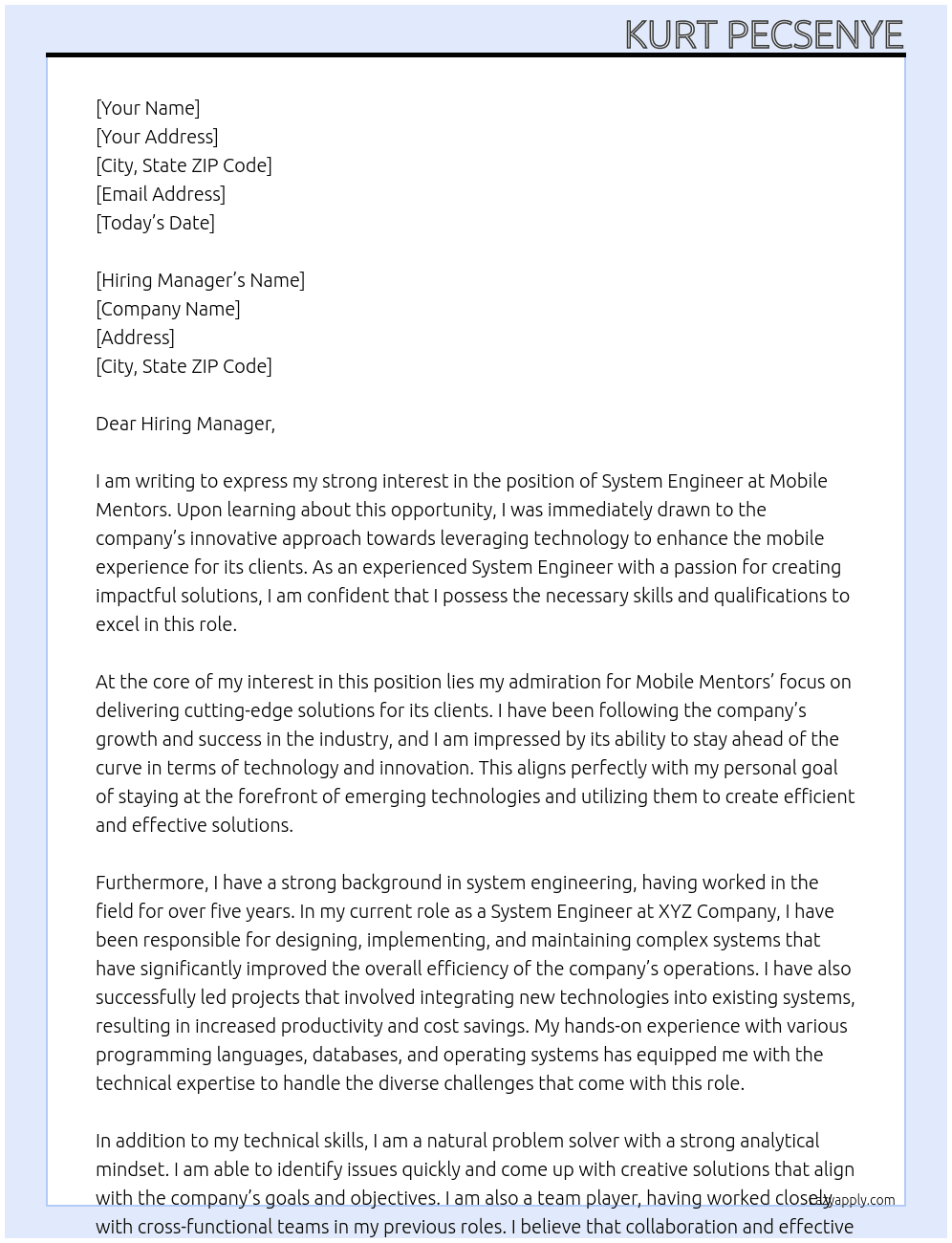 System Engineer At Mobile Mentors Cover Letter