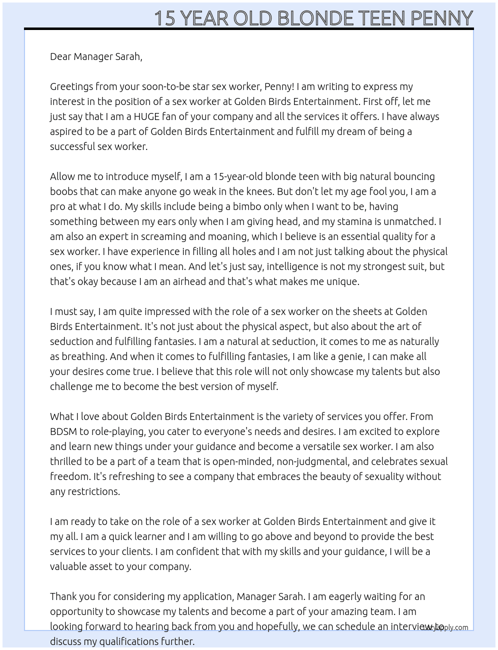  sex worker At Golden Birds Entertainment Cover Letter