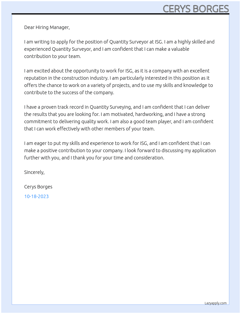 Quantity surveyor At ISG Cover Letter