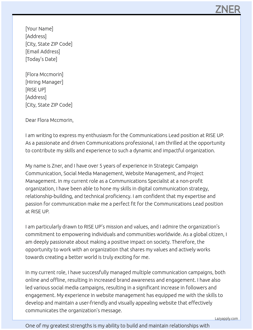 Communications Lead At RISE UP Cover Letter