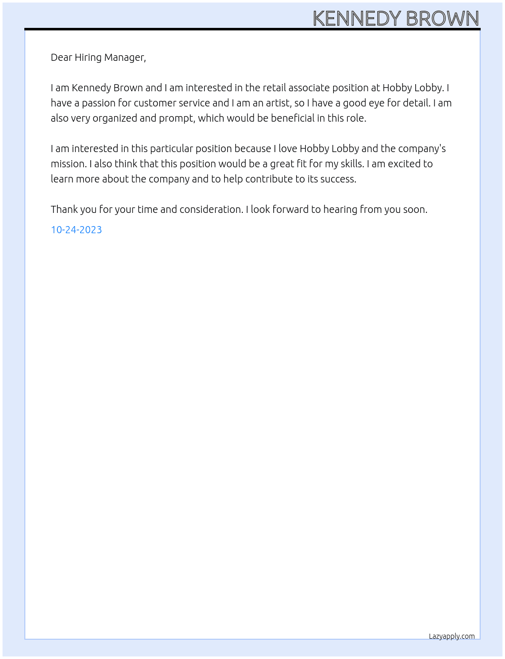 Retail Associate At Hobby Lobby Cover Letter