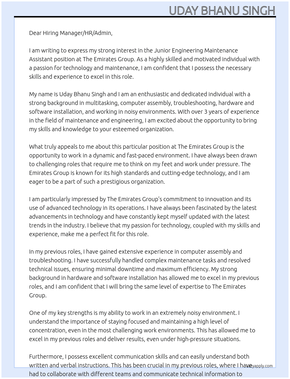 Junior Engineering Maintenance assistant At The Emirates Group Cover Letter