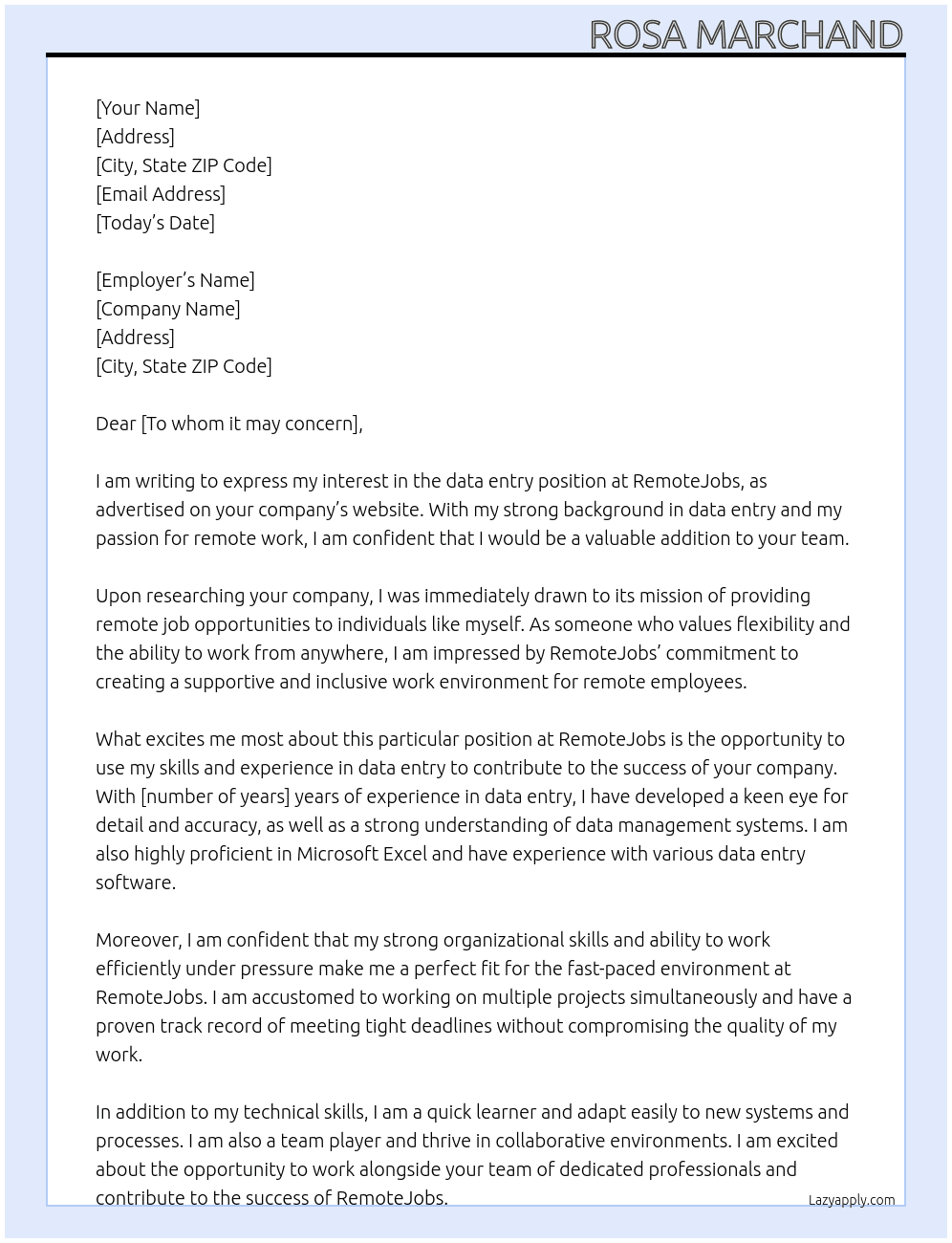 Data entry At RemoteJobs Cover Letter