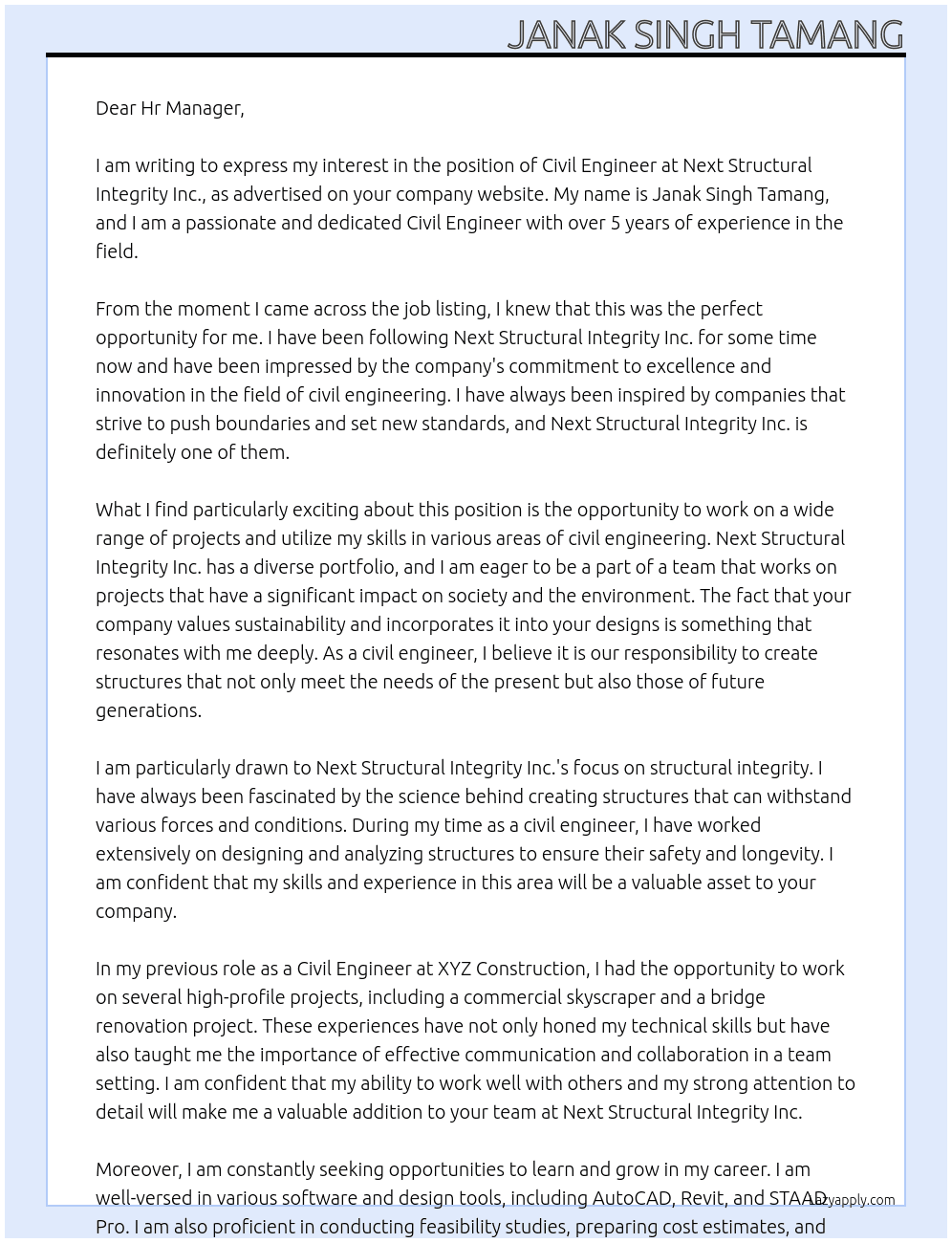 Civil Engineer At Next Structural Integrity Inc. Cover Letter