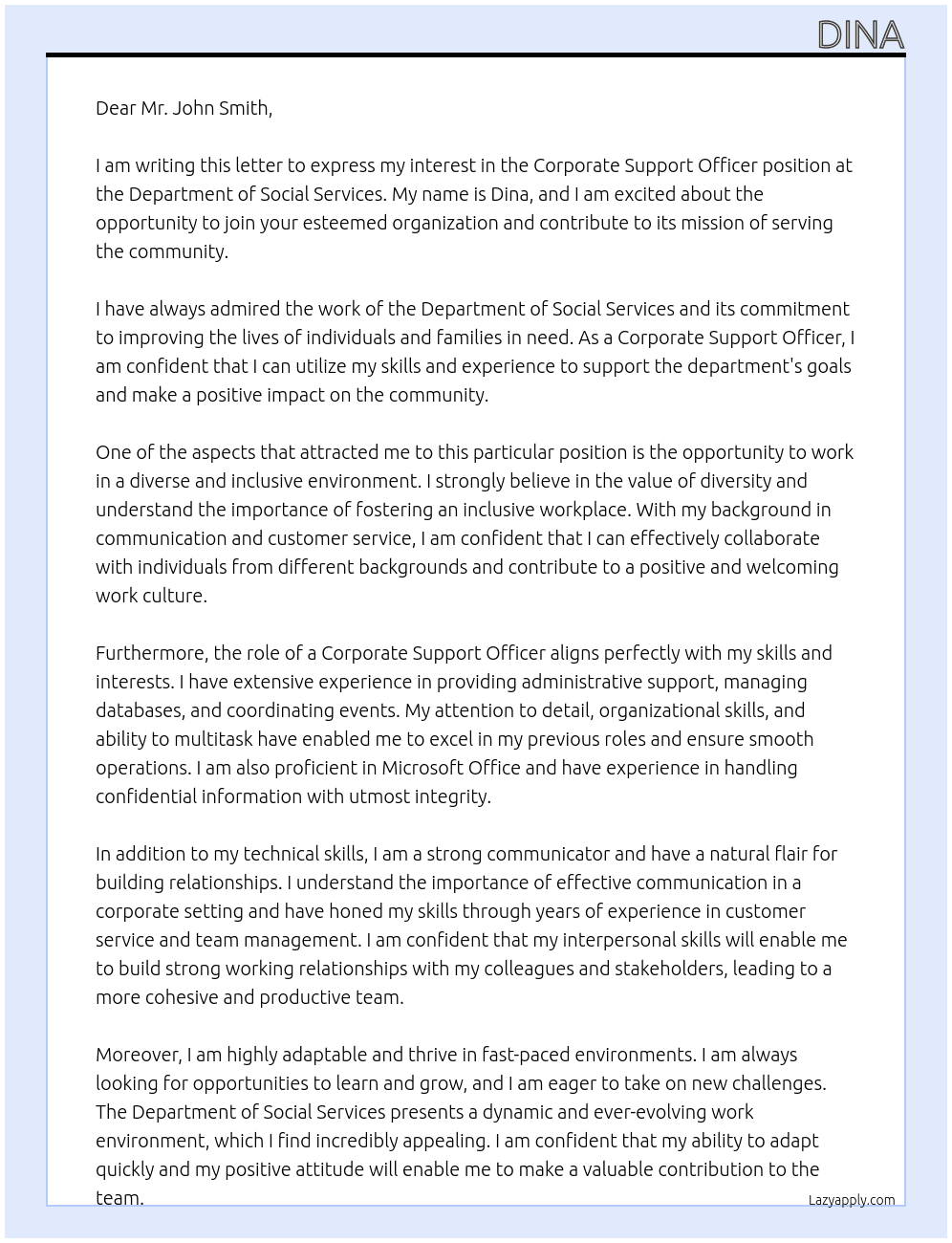 corportae support officer At department of social services Cover Letter