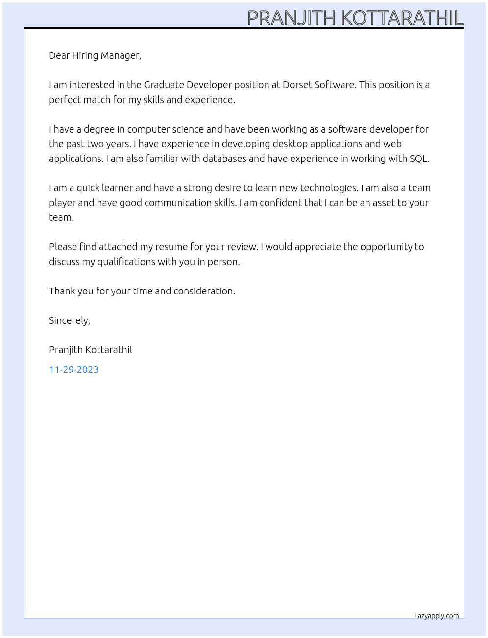 Graduate Devoleper At Dorset Software Cover Letter
