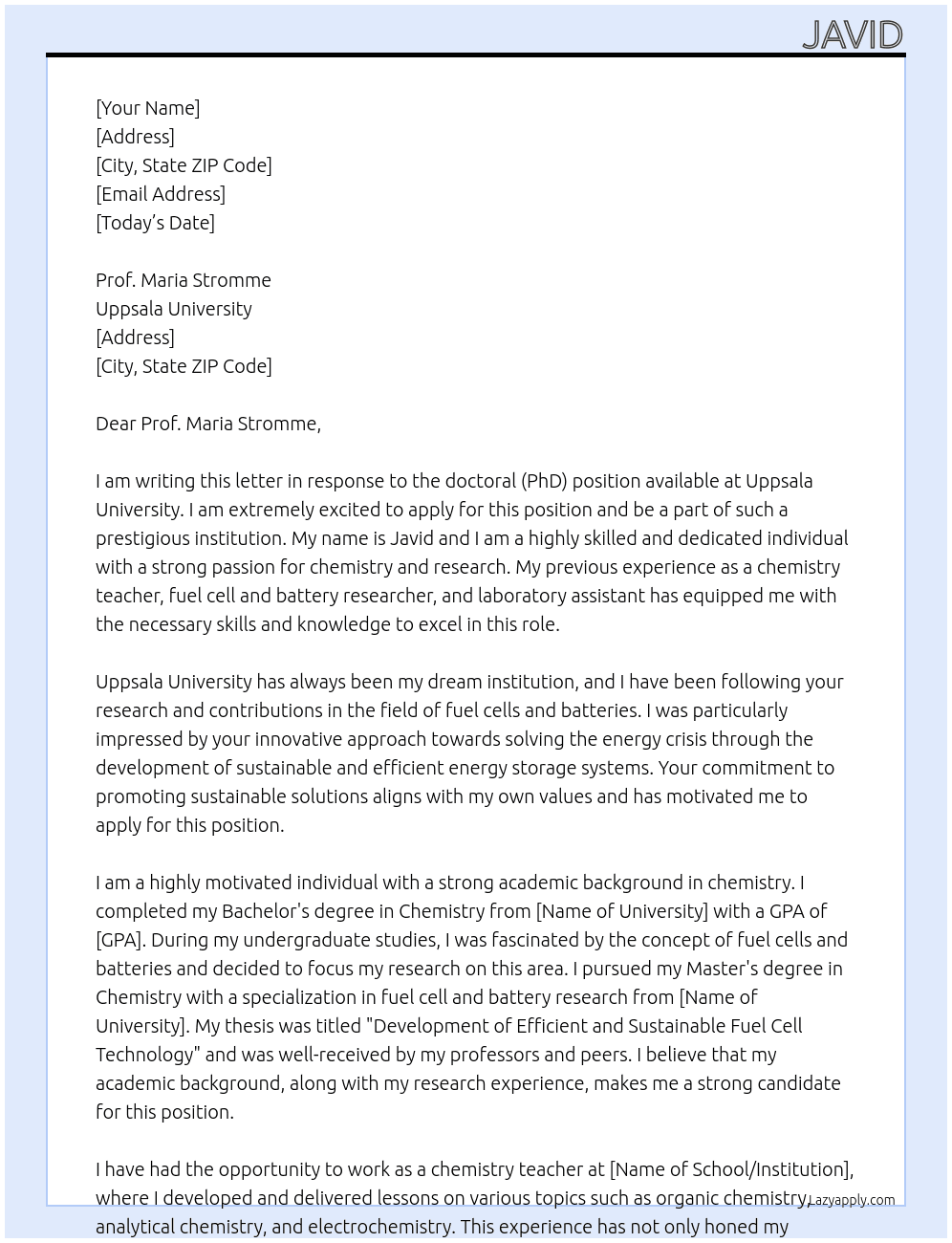 doctoral (PhD) position At Uppsala University Cover Letter