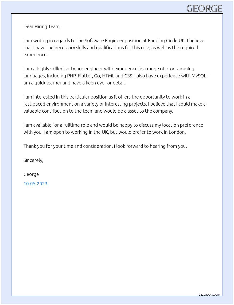 Software Engineer At Funding Circle UK Cover Letter
