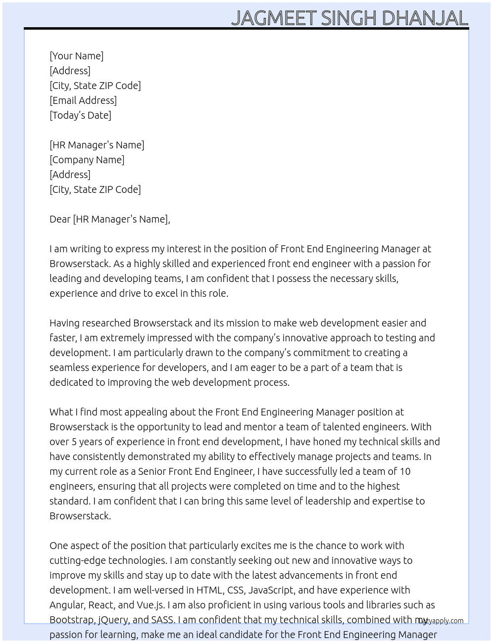 Front end engineering manager At Browserstack Cover Letter