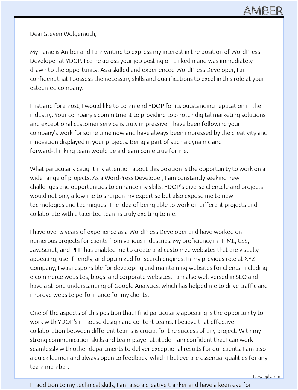 wordpress developer At YDOP Cover Letter