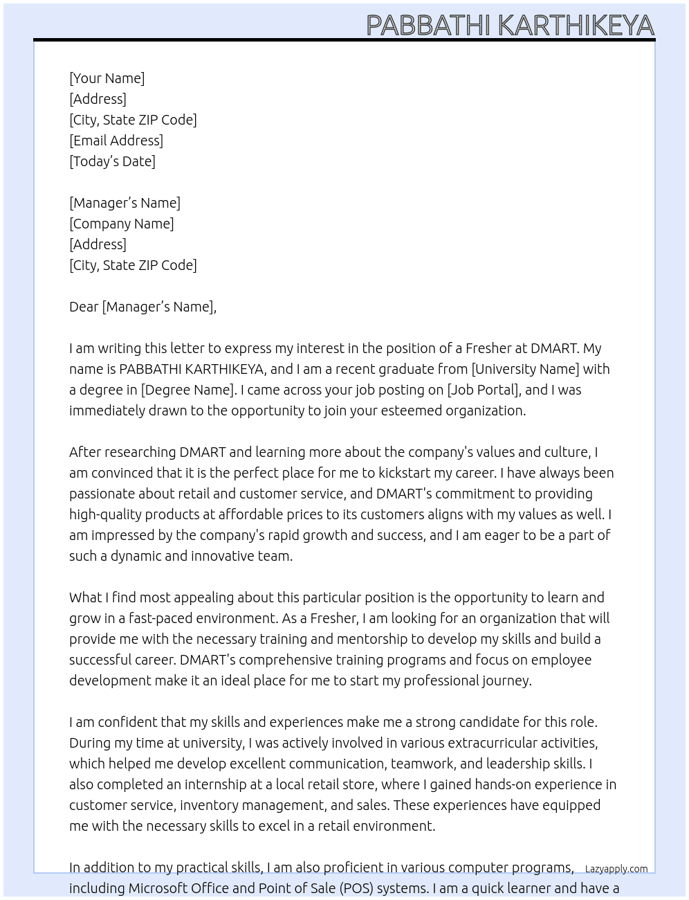 Fresher At DMART Cover Letter