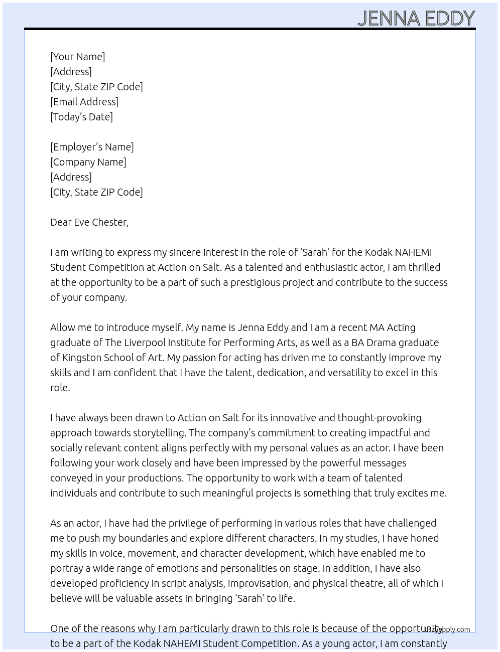 Actor for the role of 'Sarah' At 'Action on Salt' Cover Letter