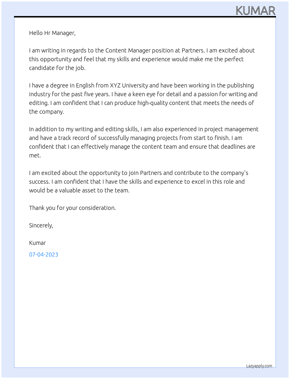Content Manager At Partners Cover Letter