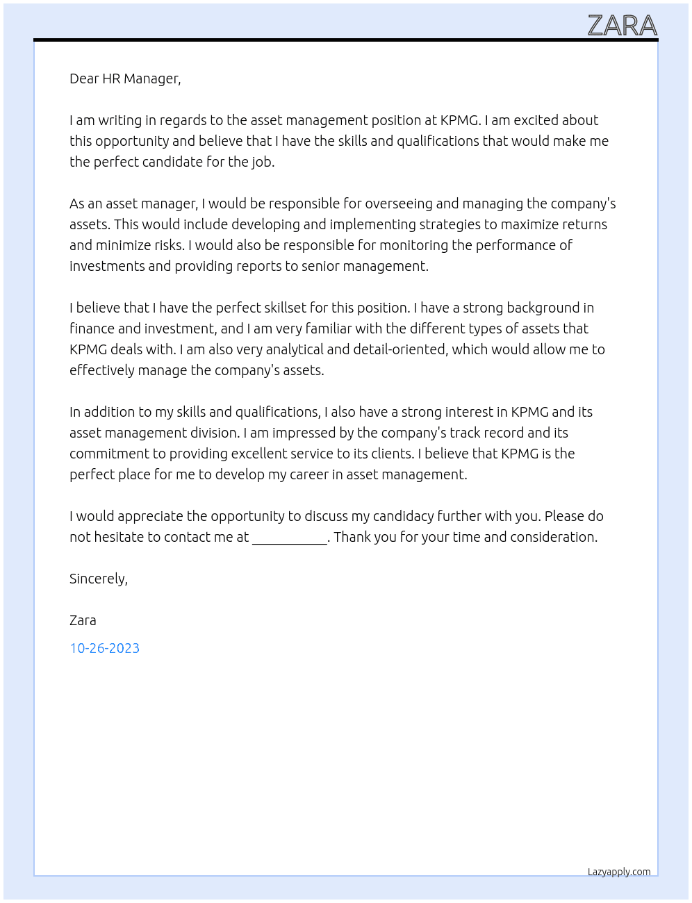asset management At KPMG Cover Letter