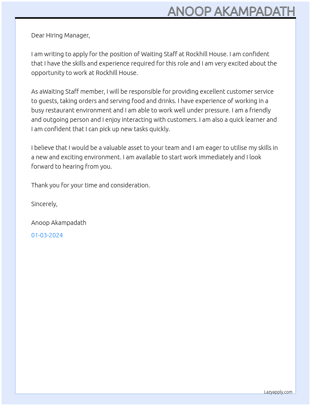 Waiting Staff At Rockhill House Cover Letter