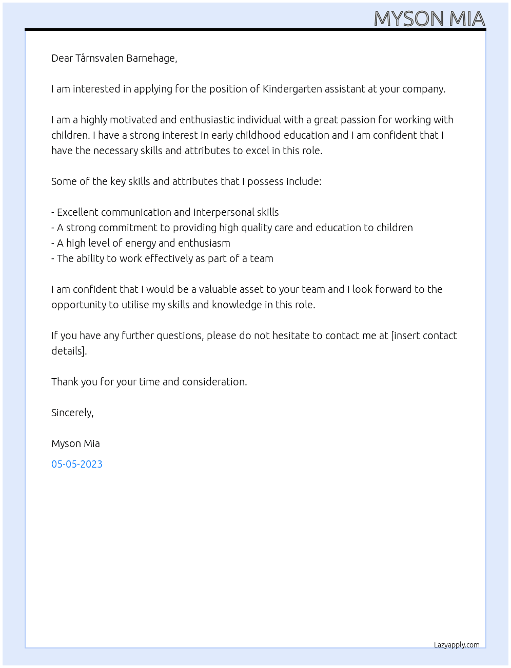Kindergarten assistant At Tårnsvalen Barnehage Cover Letter