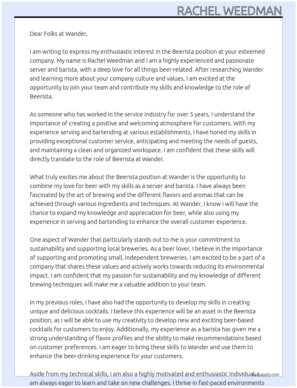 Beerista At Wander Cover Letter