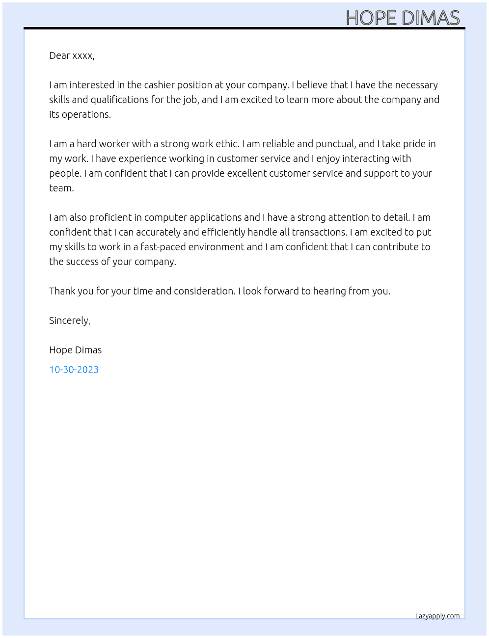 cashier At cashier Cover Letter