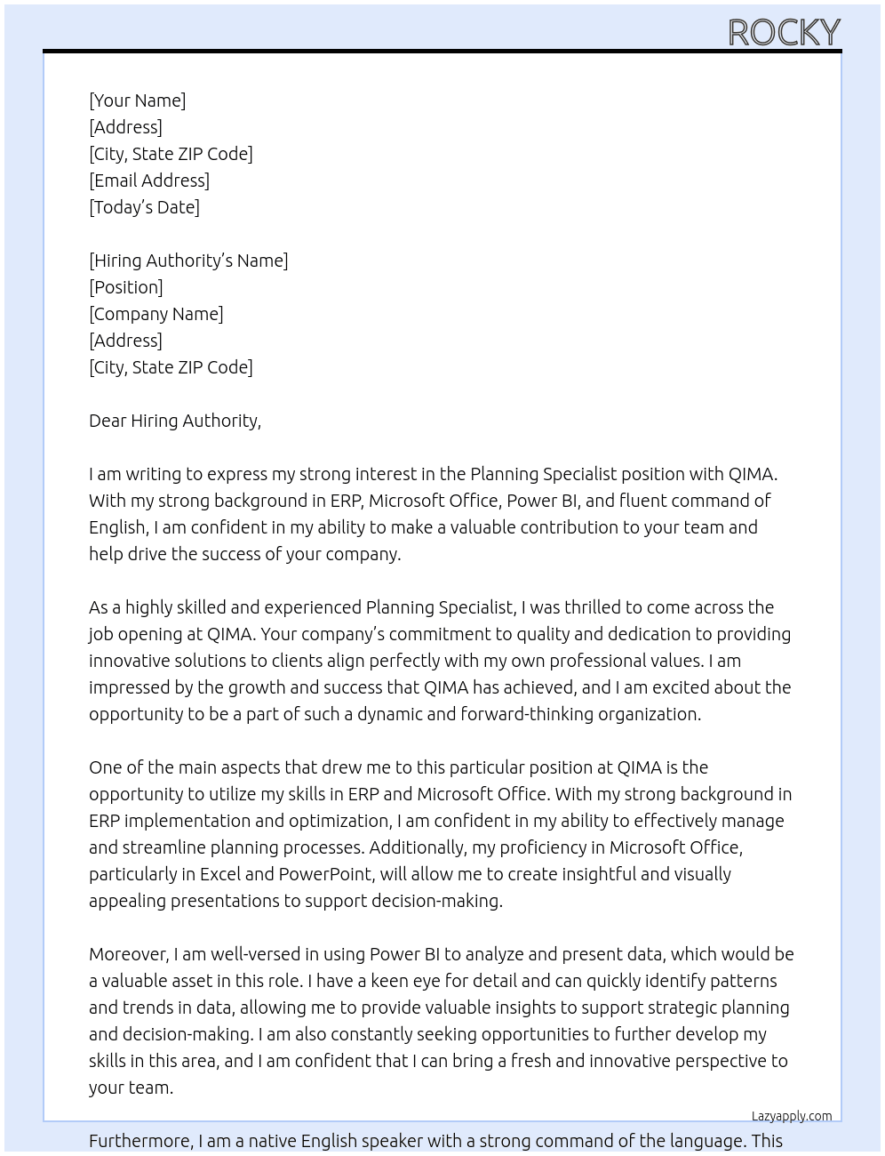 Planning Specialist At QIMA Cover Letter