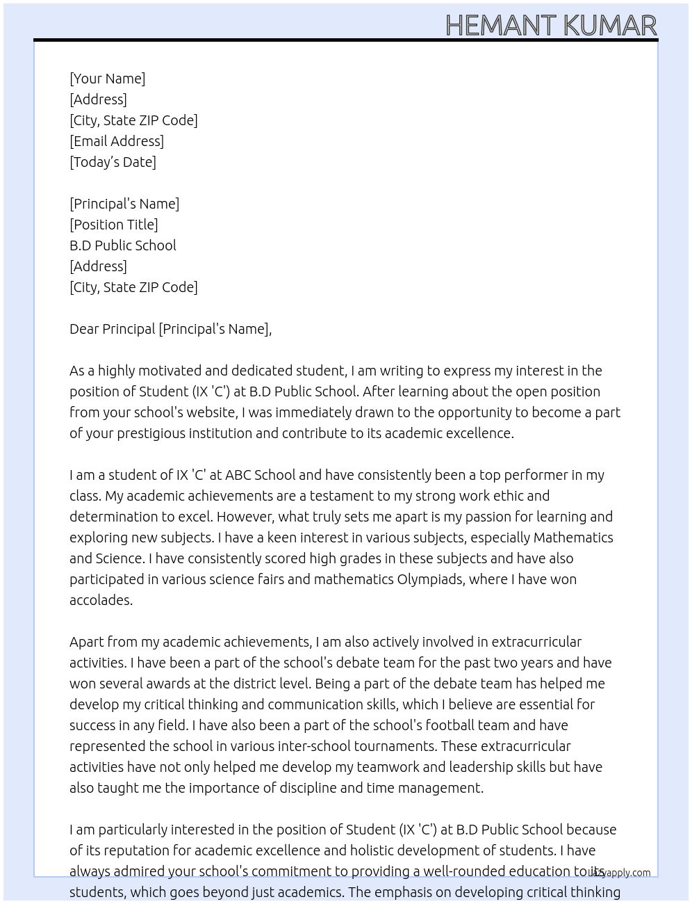 Student (IX 'C') At B.D Public School  Cover Letter