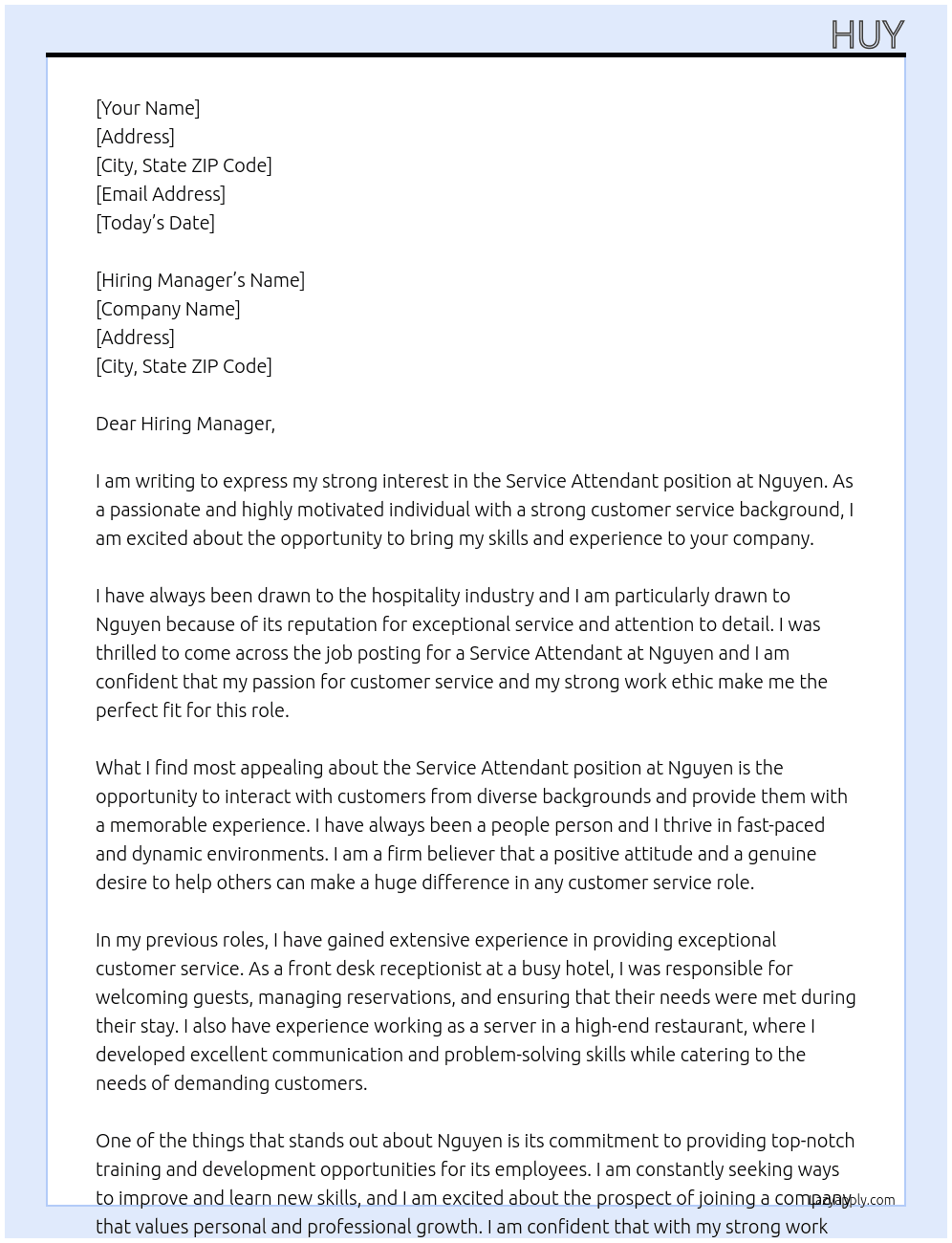 Service attendant  At Nguyen Cover Letter