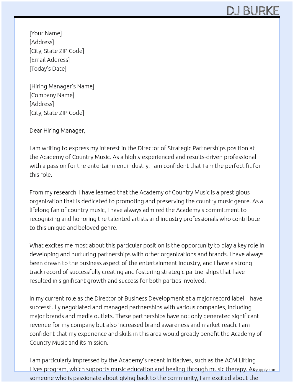 Director of Strategic Partnerships At Academy of Country Music Cover Letter