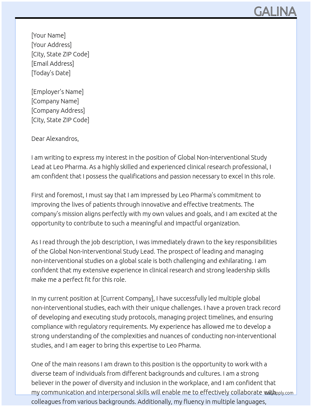 Global non-interventional study lead At Leo Pharma Cover Letter