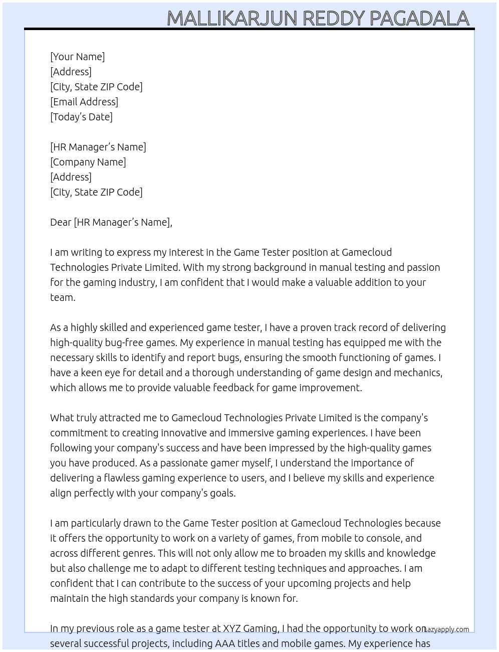 Game tester  At Gamecloud Technologies Private Limted Cover Letter