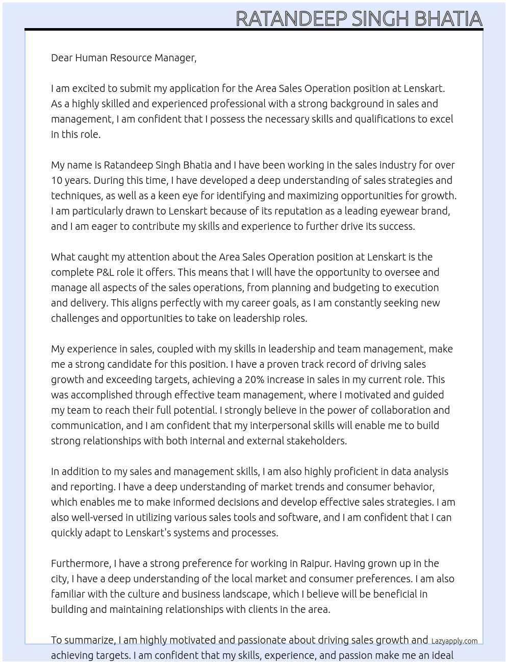 Area Sales operation At Lenskart Cover Letter