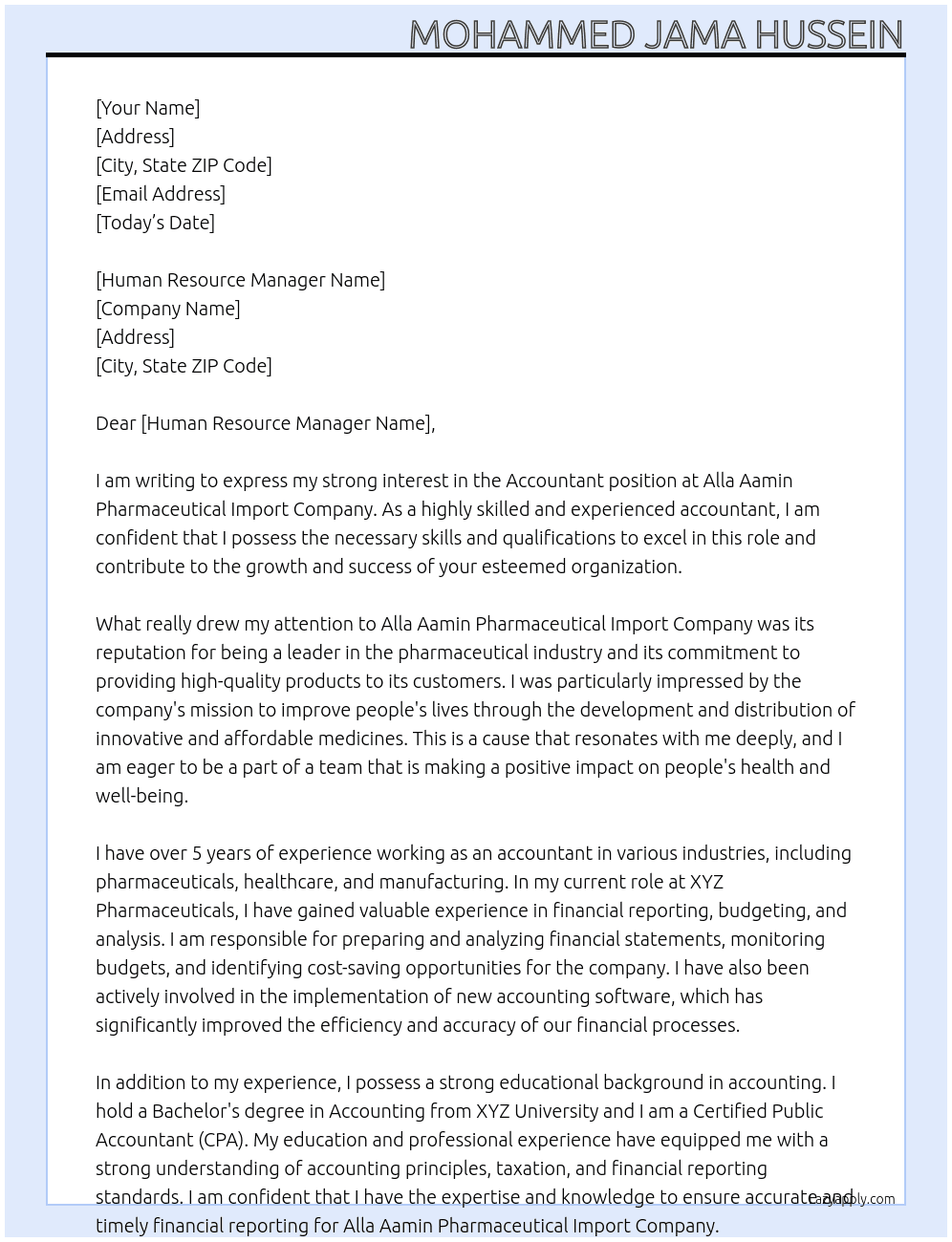 Accountant At  Alla Aamin Pharmaceutical Import Compan Cover Letter