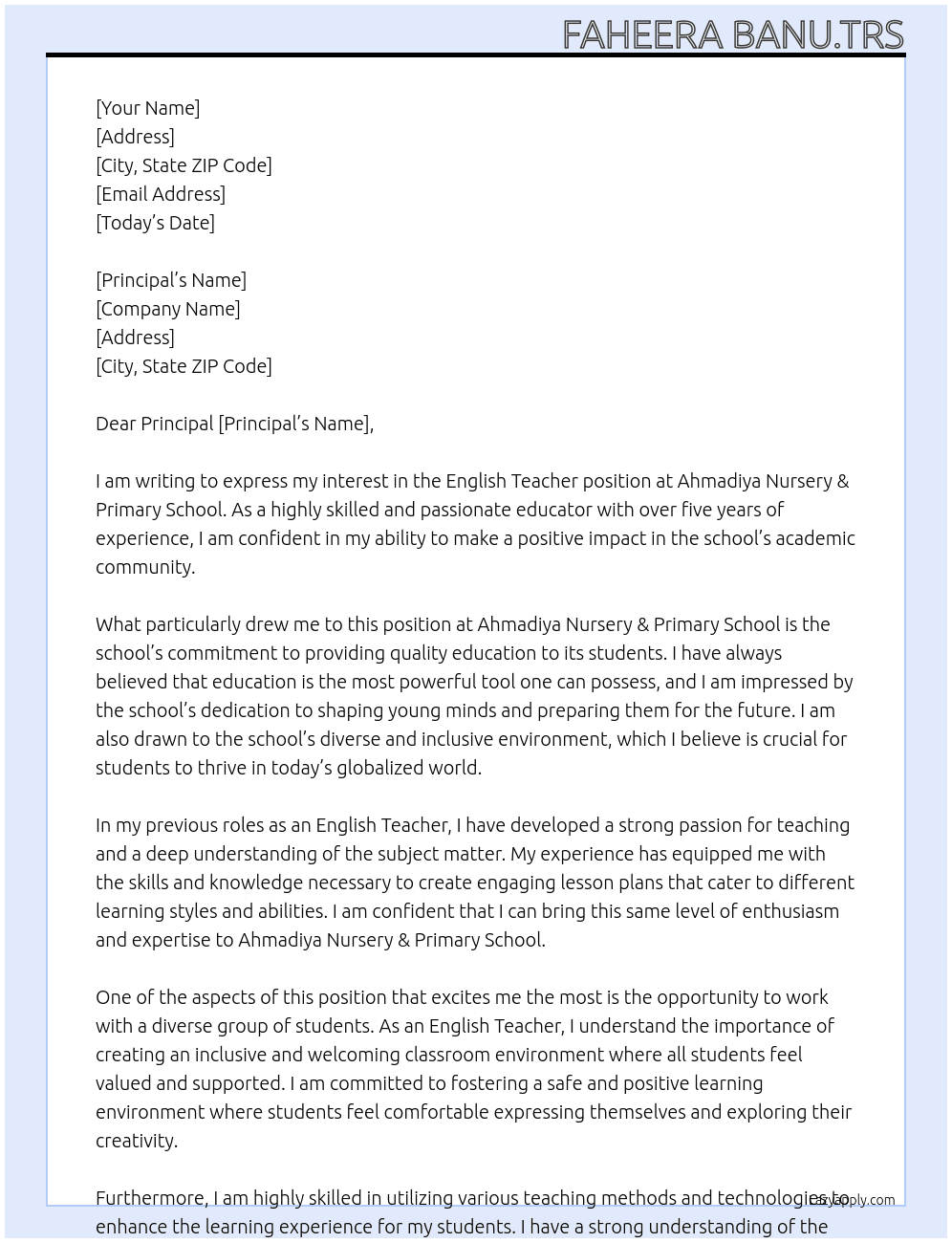 English Teacher  At Ahmadiya Nursery & primary school Cover Letter